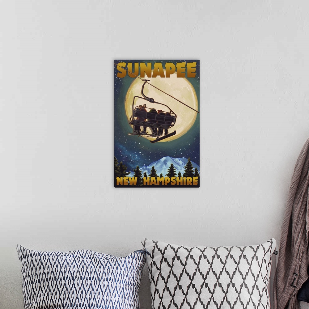 A bohemian room featuring Sunapee, New Hampshire - Ski Lift and Full Moon: Retro Travel Poster