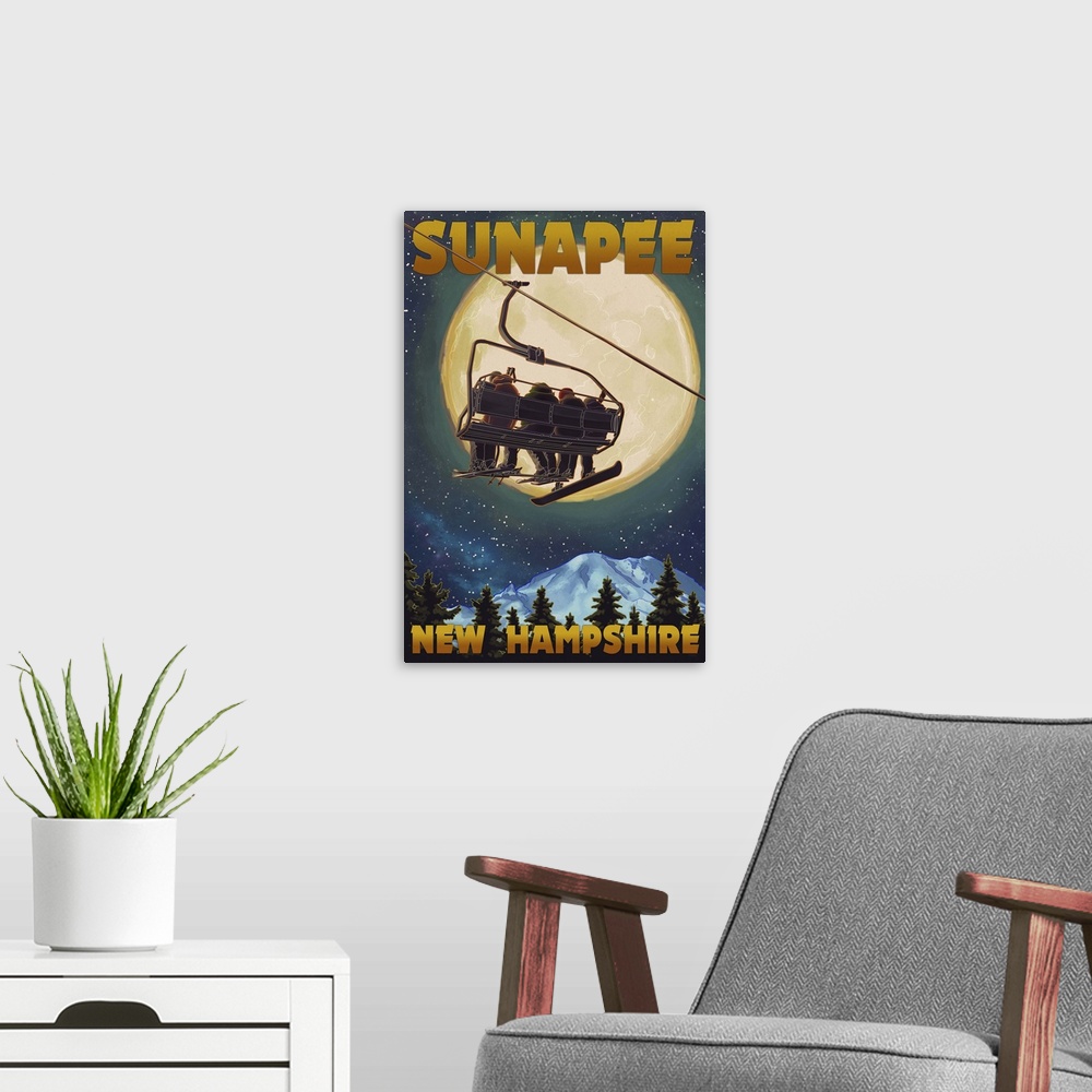 A modern room featuring Sunapee, New Hampshire - Ski Lift and Full Moon: Retro Travel Poster