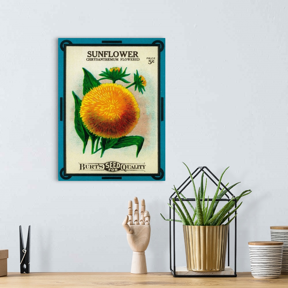 A bohemian room featuring A vintage label from a seed packet for Chrysanthemums.