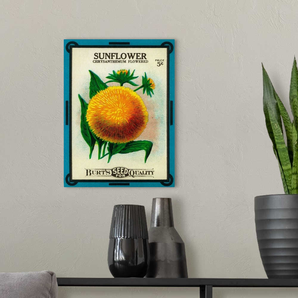 A modern room featuring A vintage label from a seed packet for Chrysanthemums.