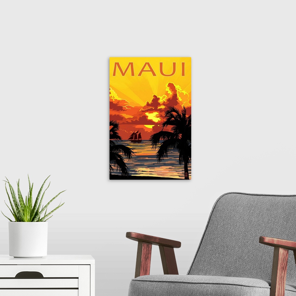 A modern room featuring Sunset and Ship - Maui, Hawaii: Retro Travel Poster