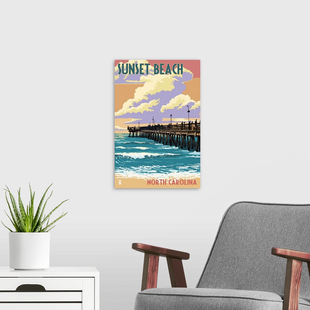A modern room featuring Sunset Beach - Calabash, North Carolina - Pier Scene: Retro Travel Poster