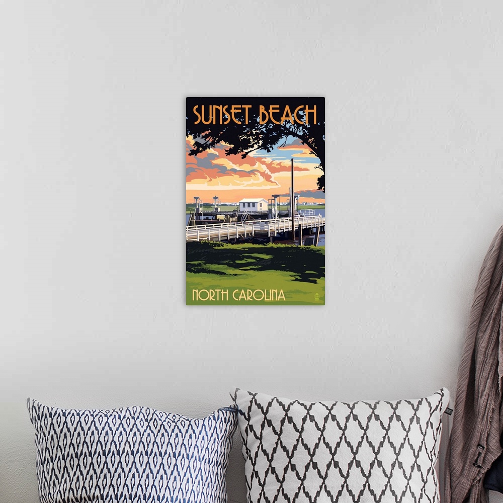 A bohemian room featuring Sunset Beach - Calabash, North Carolina - Swinging Bridge: Retro Travel Poster