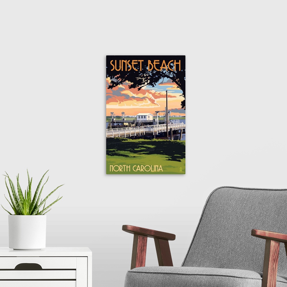 A modern room featuring Sunset Beach - Calabash, North Carolina - Swinging Bridge: Retro Travel Poster