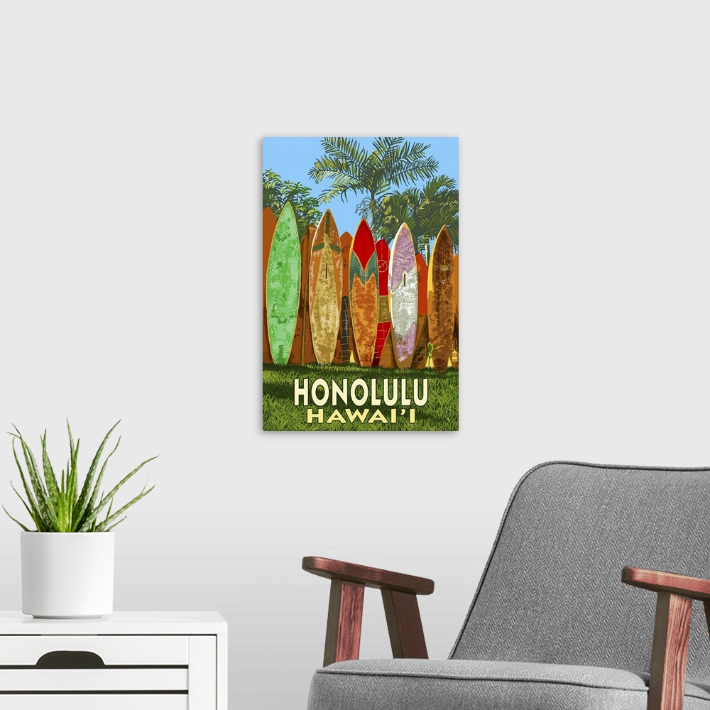 A modern room featuring Surf Board Fence - Honolulu, Hawaii: Retro Travel Poster
