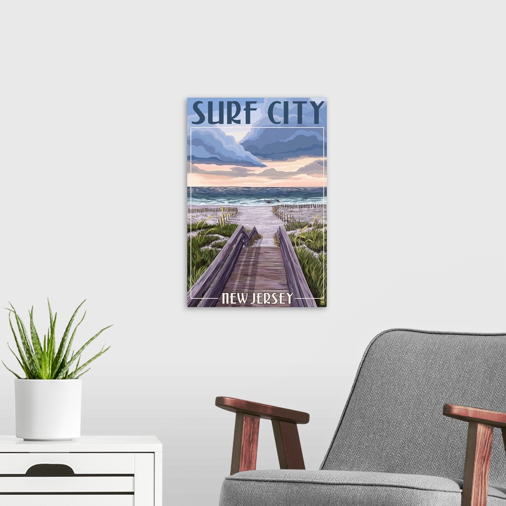 A modern room featuring Surf City, New Jersey - Beach Boardwalk Scene: Retro Travel Poster