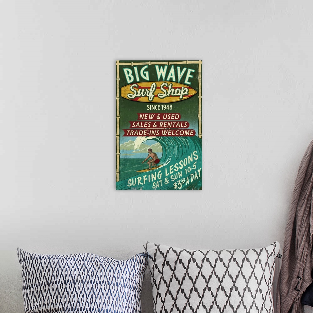 A bohemian room featuring Surf Shop, Vintage Sign