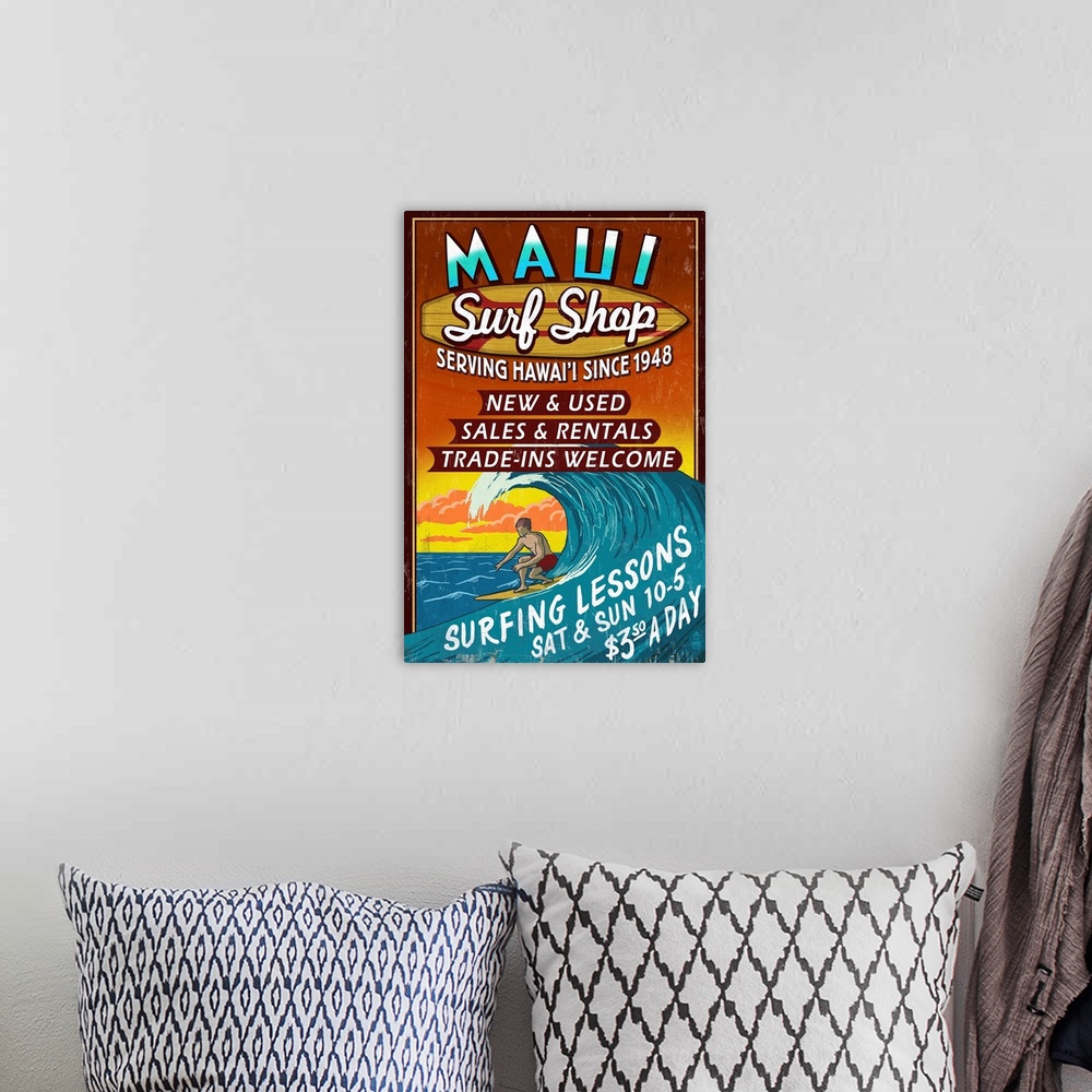 A bohemian room featuring Surf Shop Vintage Sign - Maui, Hawaii: Retro Travel Poster