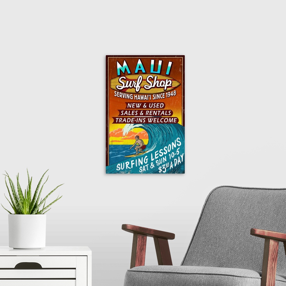 A modern room featuring Surf Shop Vintage Sign - Maui, Hawaii: Retro Travel Poster