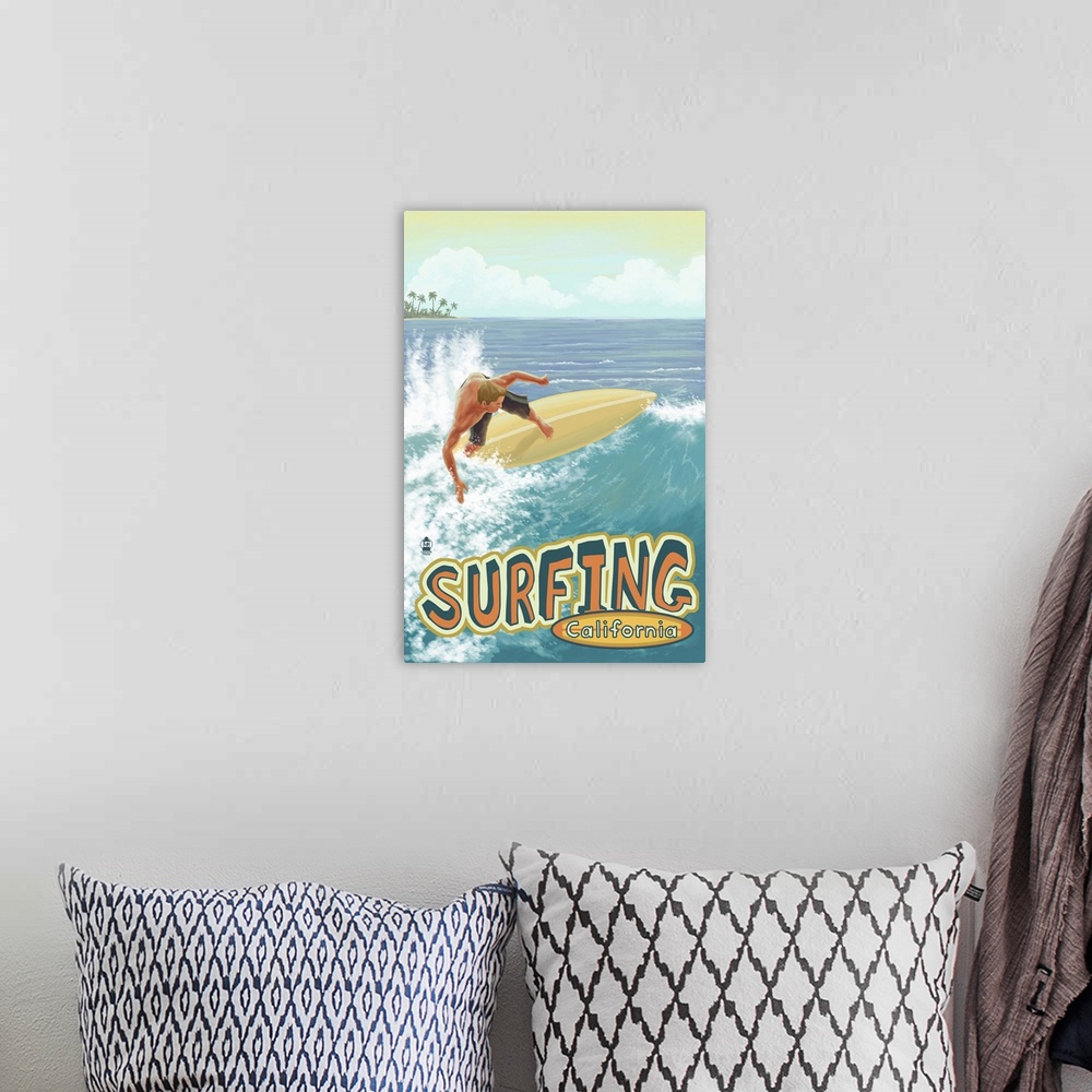 A bohemian room featuring Surfing California: Retro Travel Poster