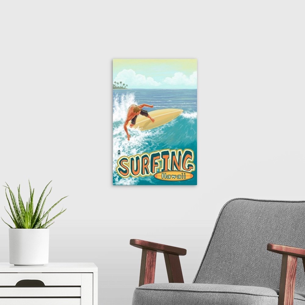 A modern room featuring Surfing Hawaii: Retro Travel Poster
