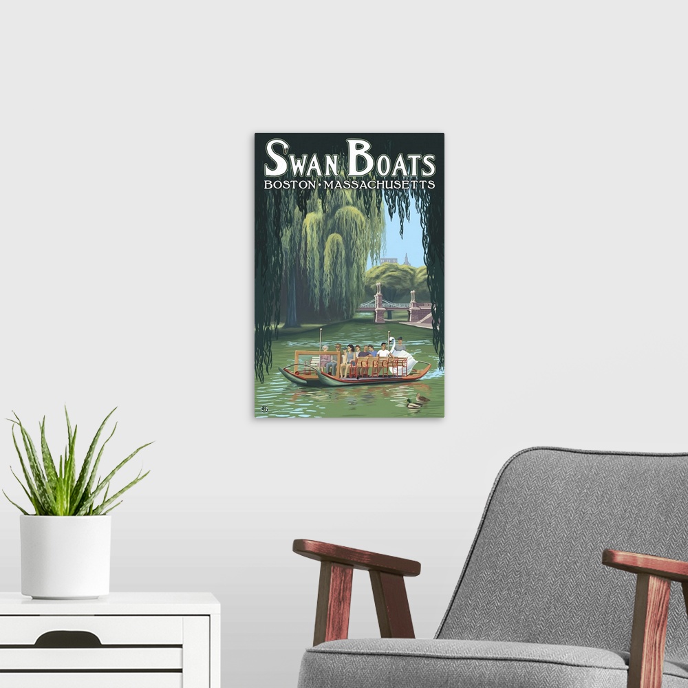A modern room featuring Swan Boats - Boston, MA: Retro Travel Poster