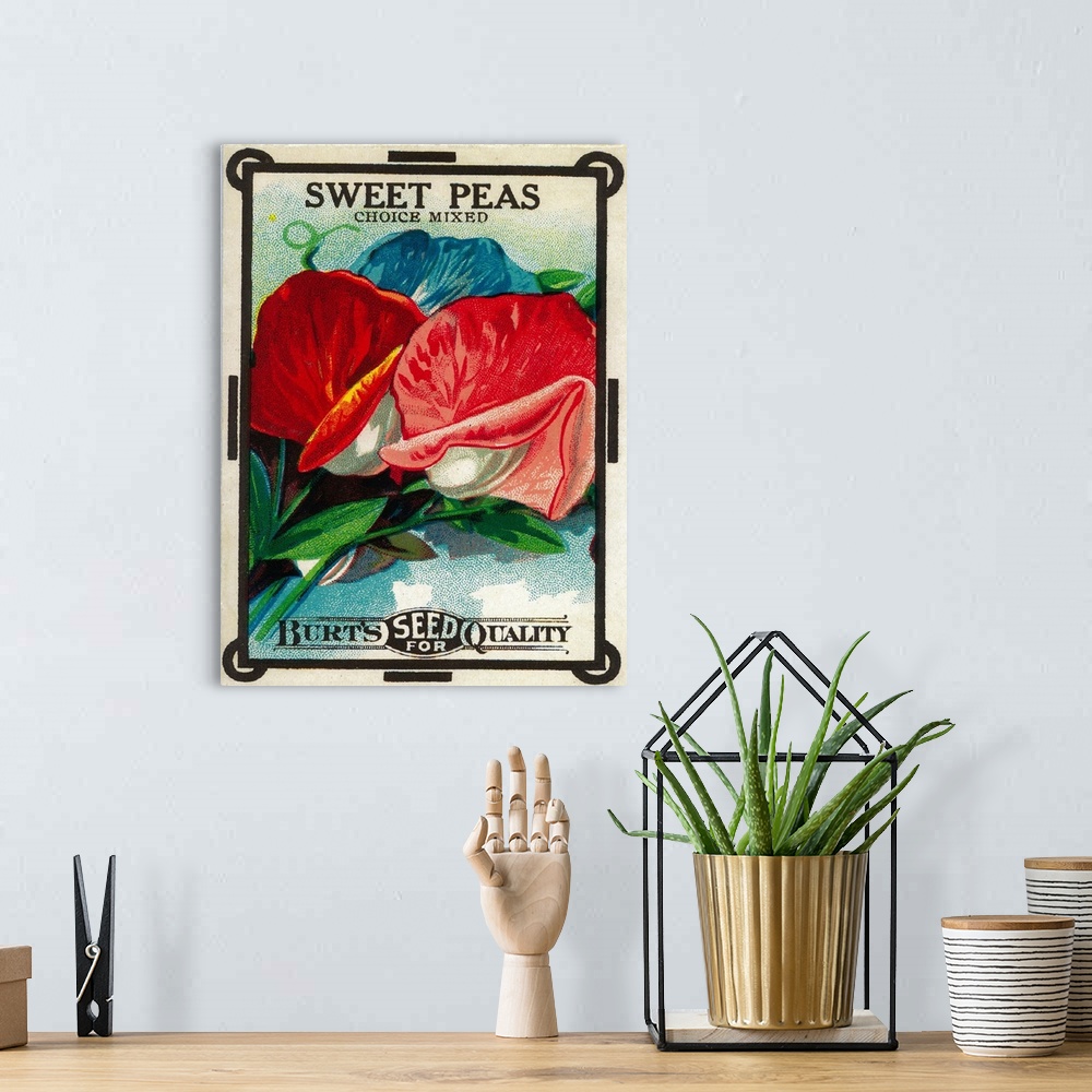 A bohemian room featuring A vintage label from a seed packet for sweet peas.