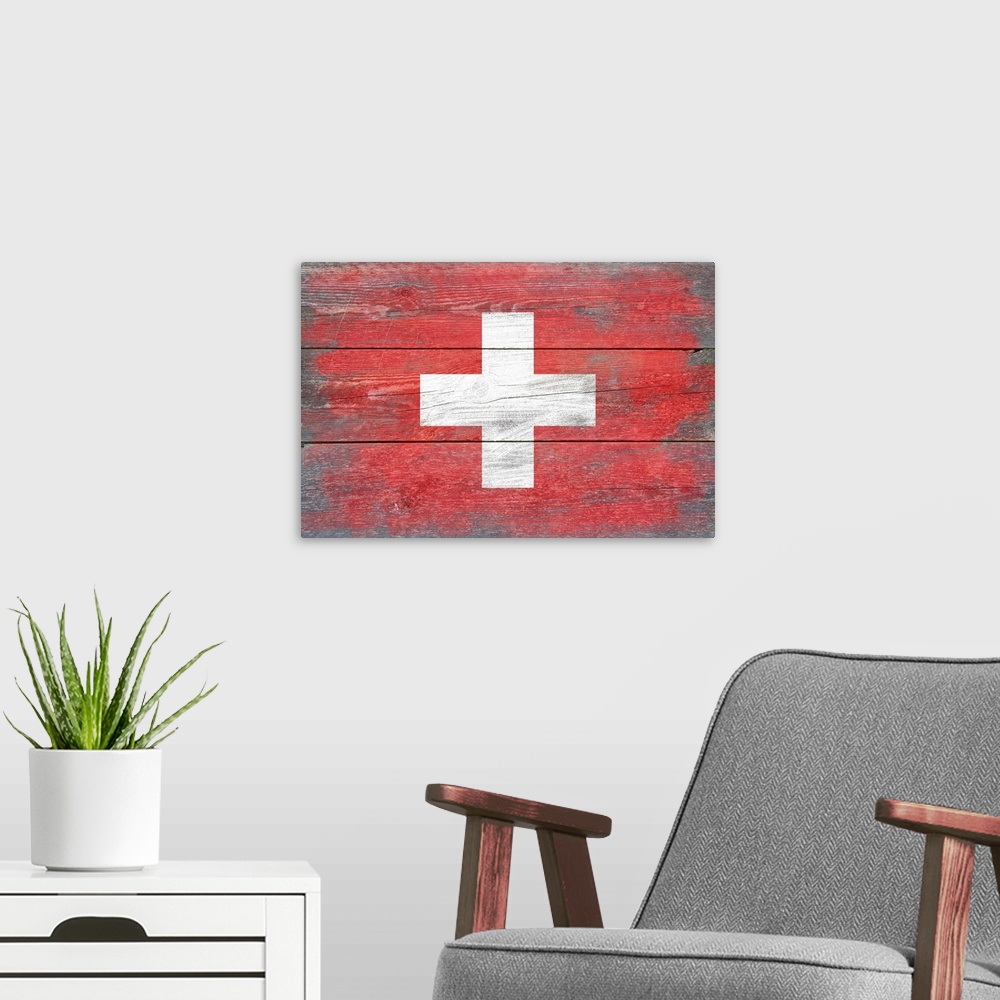 A modern room featuring The flag of Switzerland with a weathered wooden board effect.