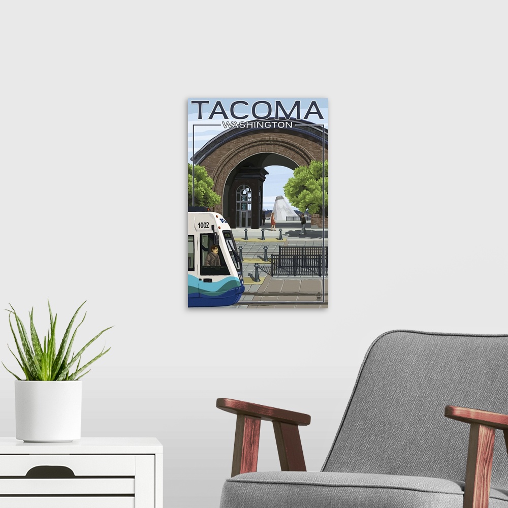 A modern room featuring Tacoma, Washington, Lightrail and History Museum Arch
