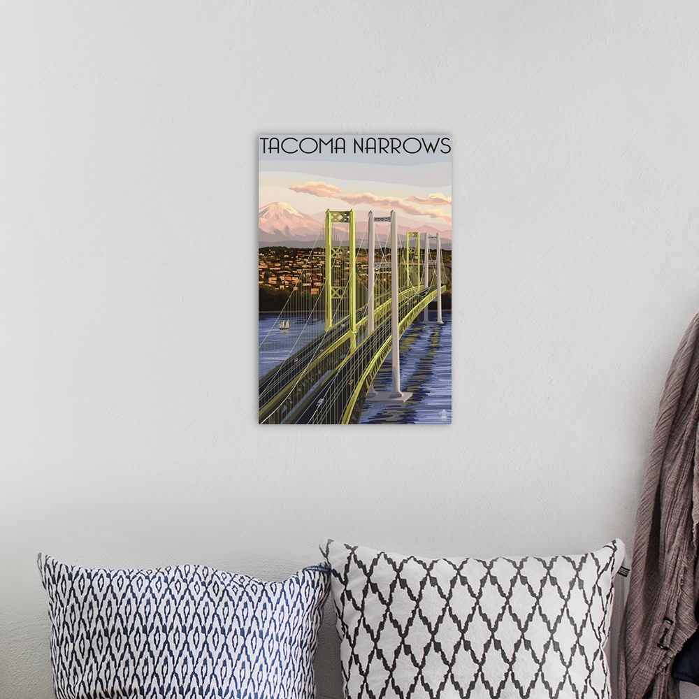 A bohemian room featuring Tacoma, Washington - Narrows Bridge and Rainier: Retro Travel Poster