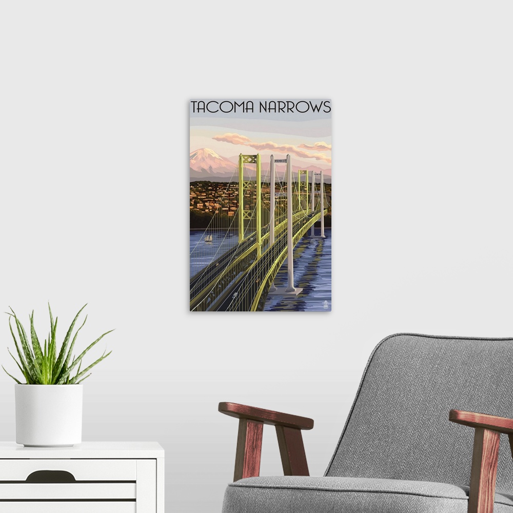 A modern room featuring Tacoma, Washington - Narrows Bridge and Rainier: Retro Travel Poster