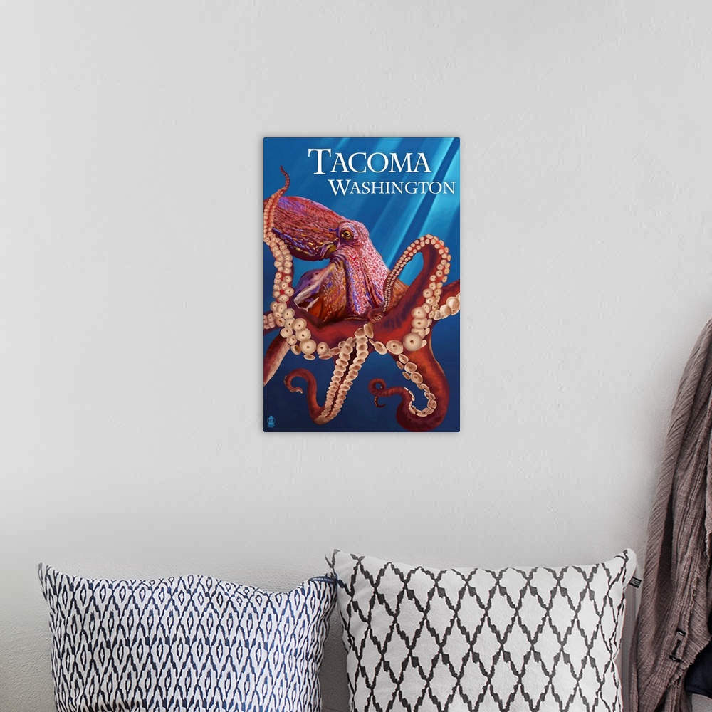 A bohemian room featuring Tacoma, Washington - Red Octopus: Retro Travel Poster