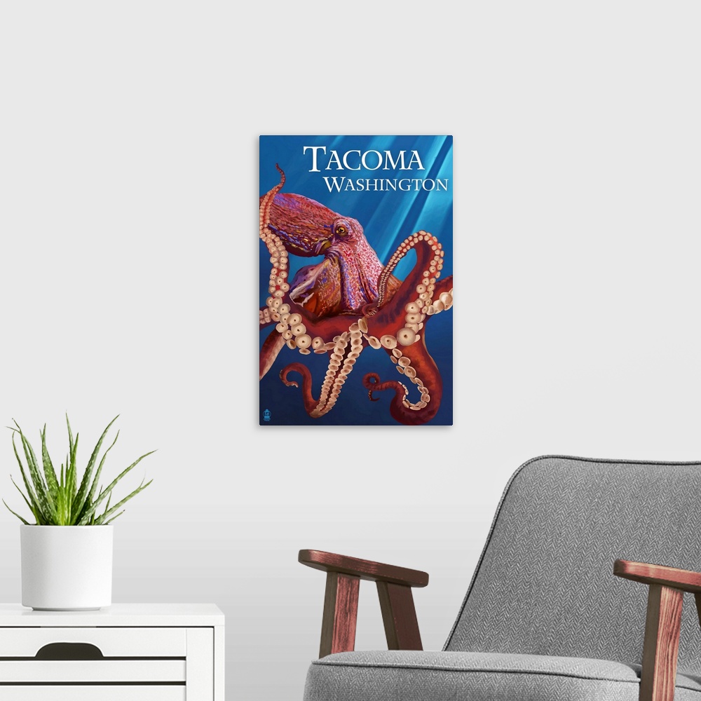 A modern room featuring Tacoma, Washington - Red Octopus: Retro Travel Poster