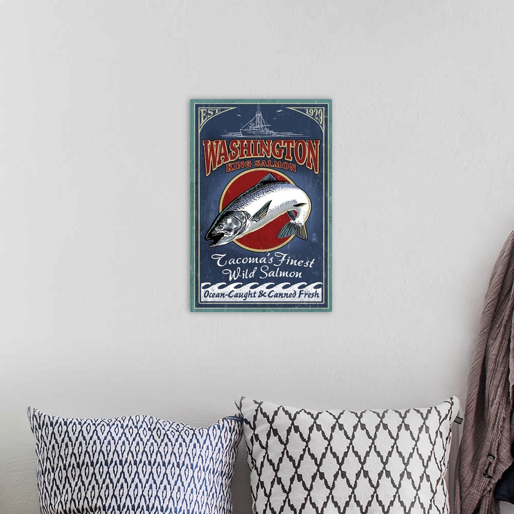 A bohemian room featuring Tacoma, Washington - Salmon Vintage Sign: Retro Travel Poster