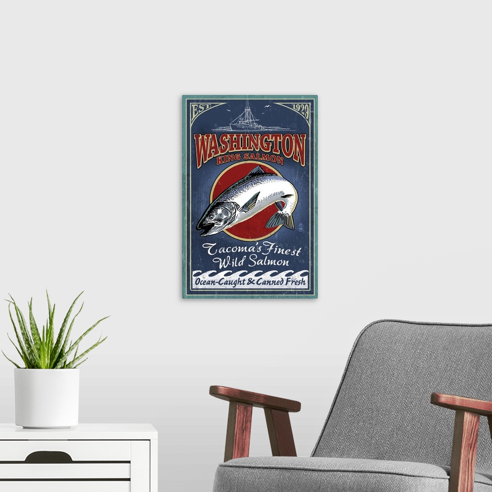 A modern room featuring Tacoma, Washington - Salmon Vintage Sign: Retro Travel Poster