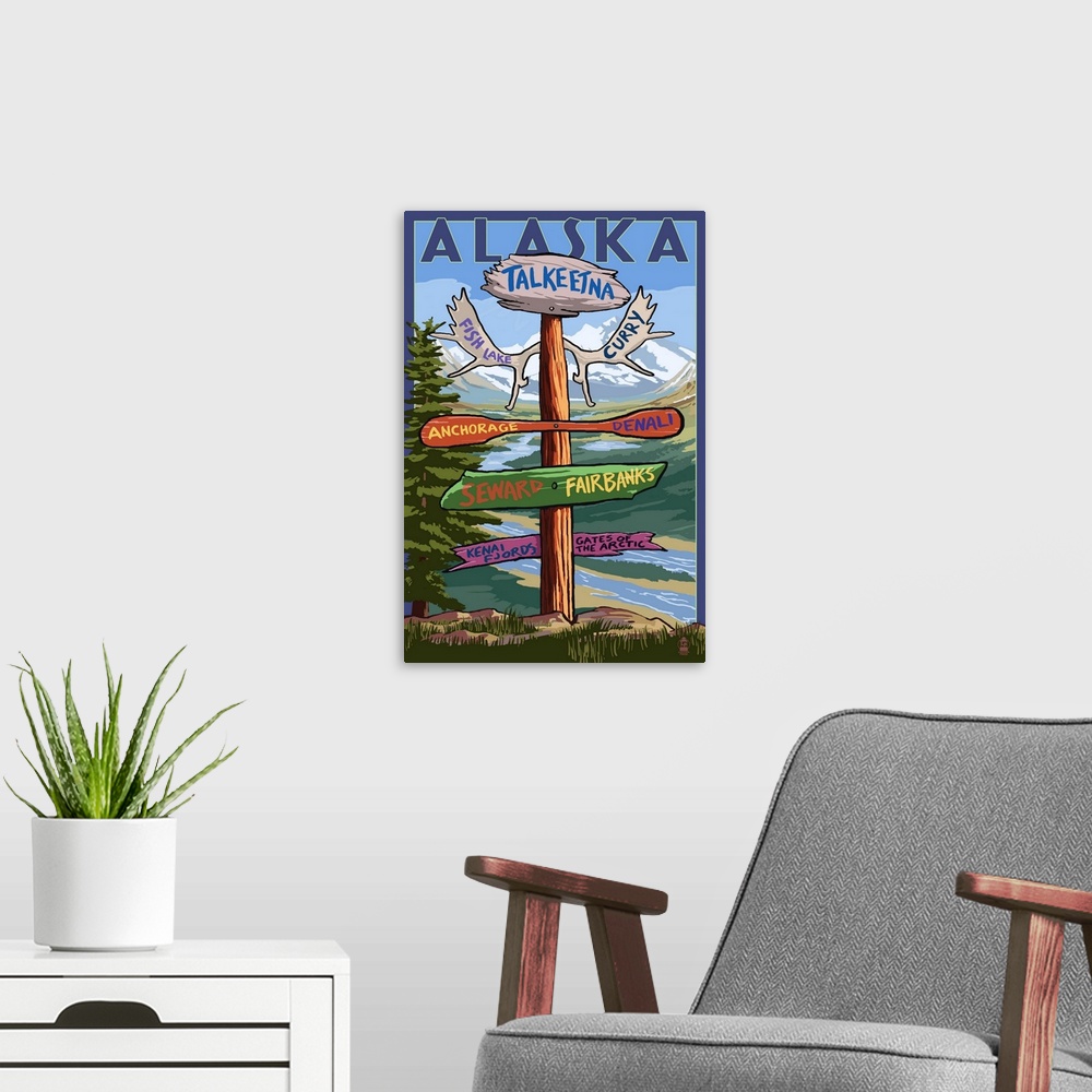 A modern room featuring Talkeetna, Alaska, Destination Sign