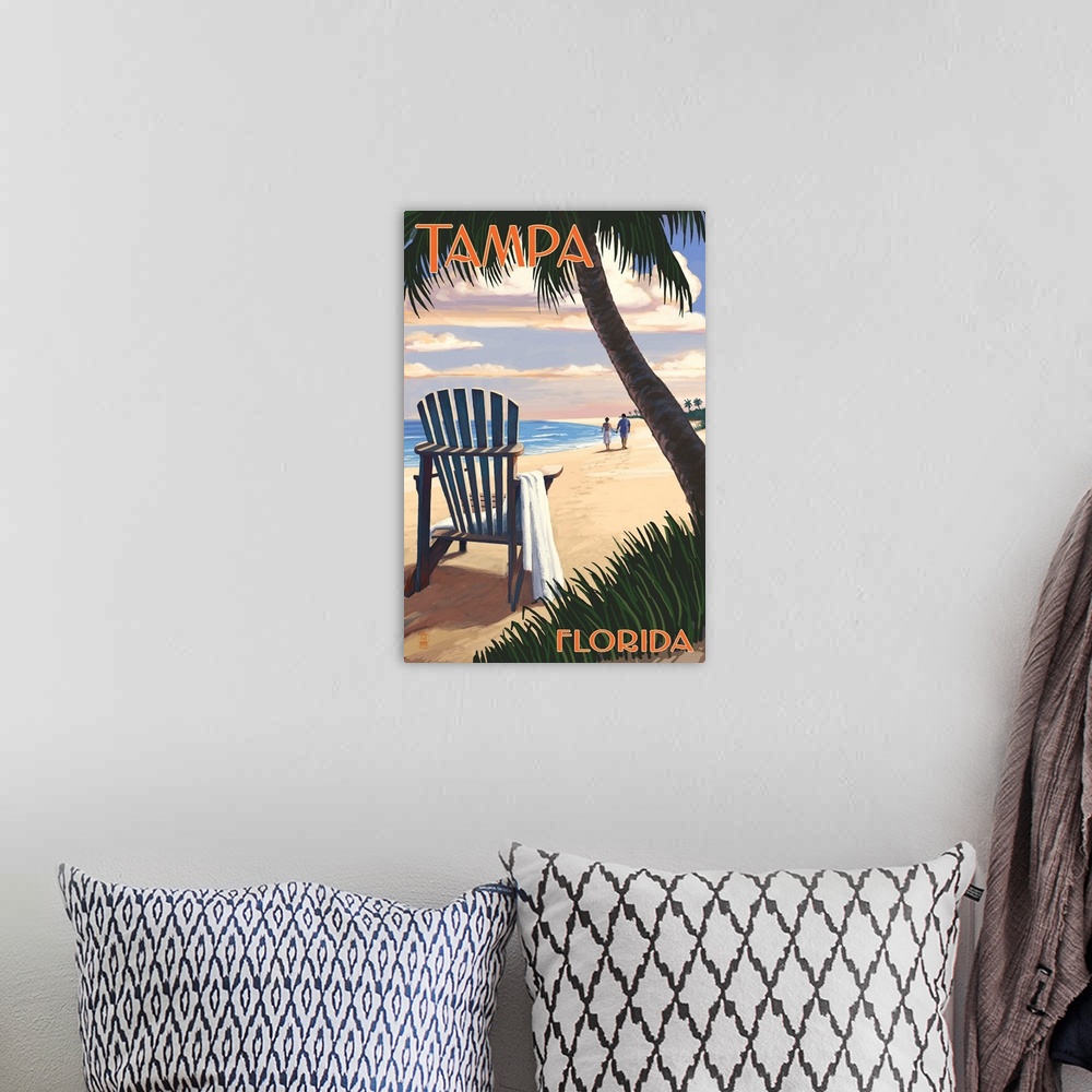 A bohemian room featuring Tampa, Florida - Adirondack Chair on the Beach: Retro Travel Poster