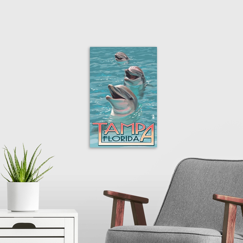 A modern room featuring Retro stylized art poster of three dolphins with their heads sticking out of the water.