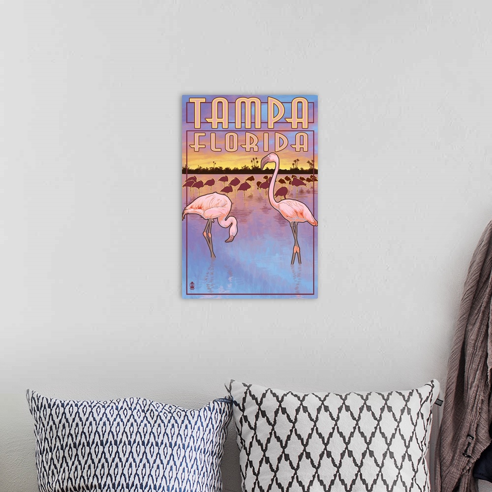 A bohemian room featuring Retro stylized art poster of flamingos standing in water.