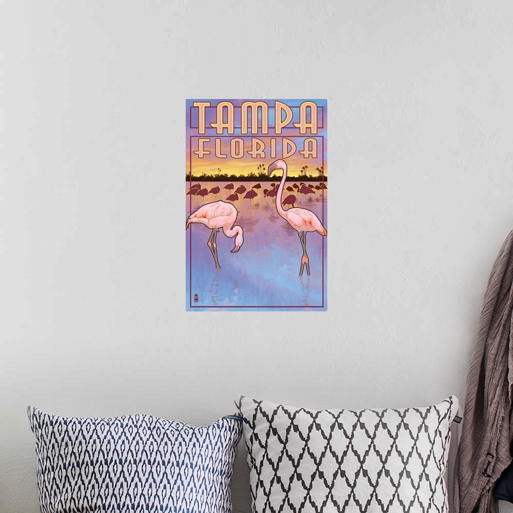 A bohemian room featuring Retro stylized art poster of flamingos standing in water.