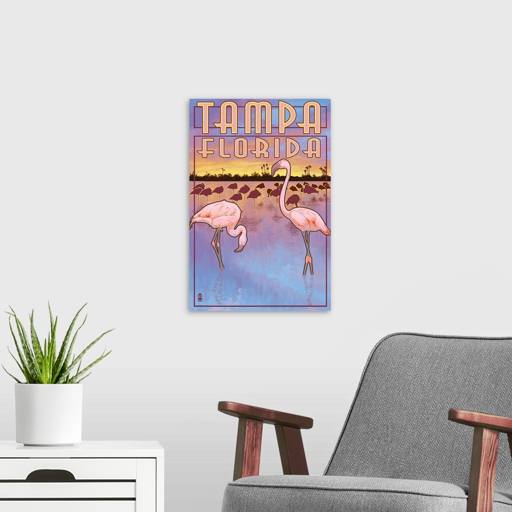 A modern room featuring Retro stylized art poster of flamingos standing in water.