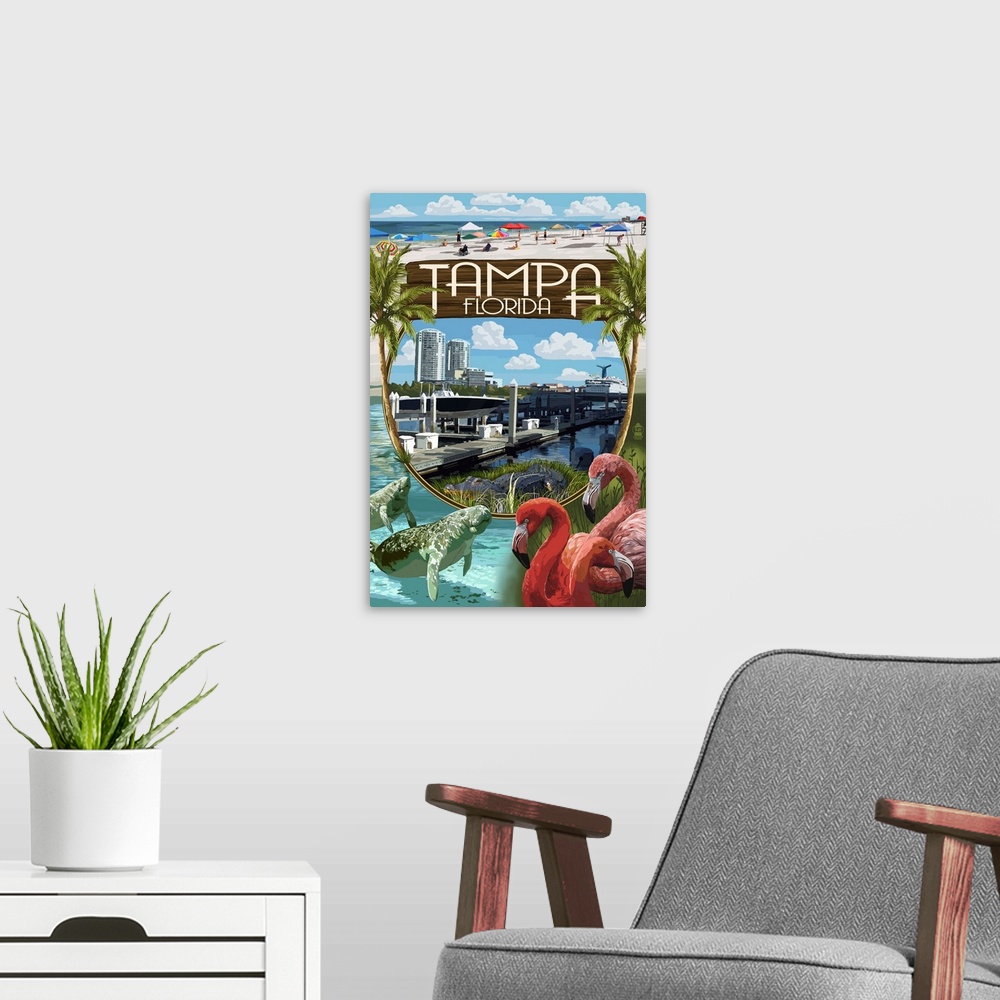 A modern room featuring Retro stylized art poster of flamingos, manatees and a beach montage.