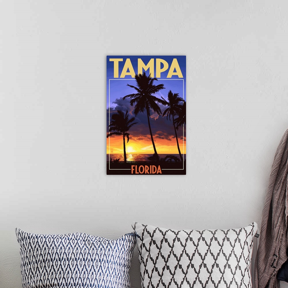A bohemian room featuring Tampa, Florida - Palms and Sunset: Retro Travel Poster