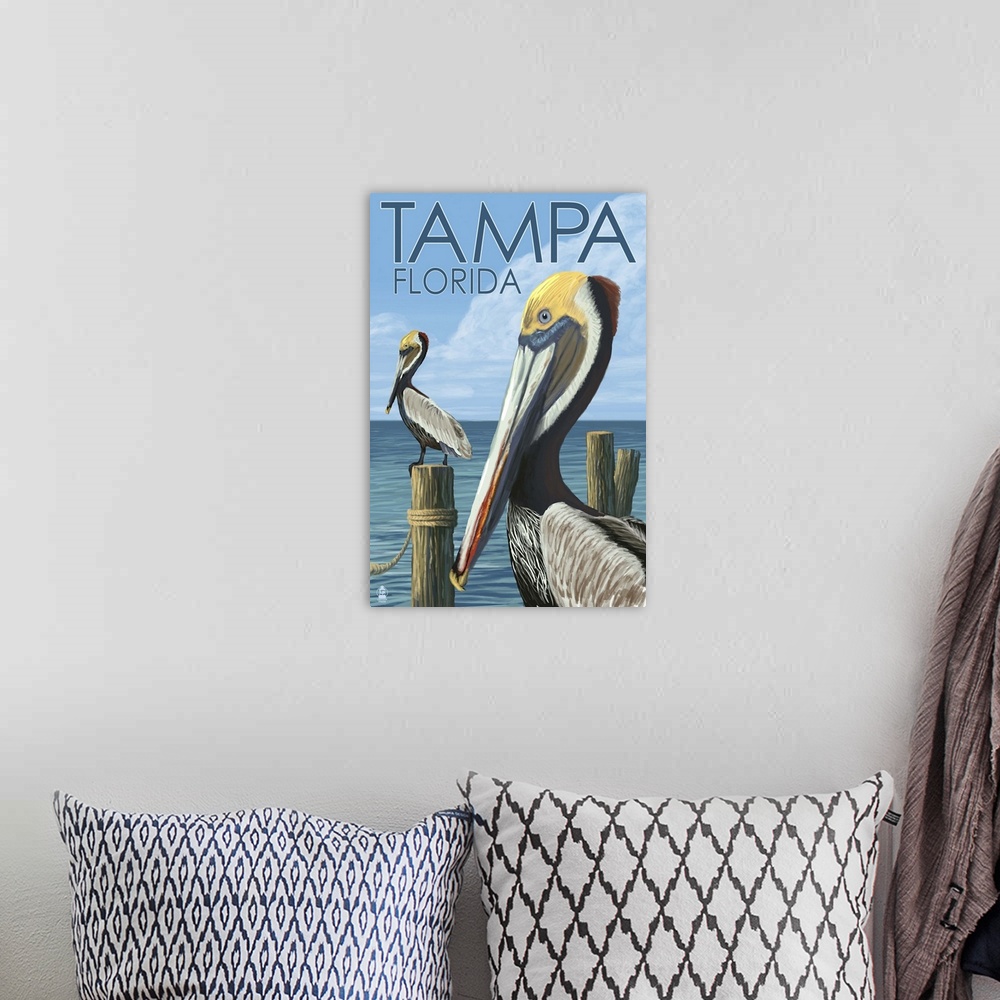 A bohemian room featuring Retro stylized art poster of pelicans perched on wooden posts.
