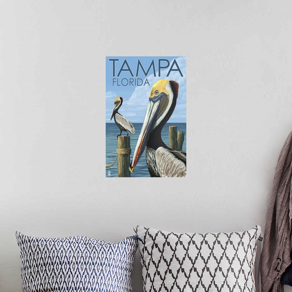 A bohemian room featuring Retro stylized art poster of pelicans perched on wooden posts.