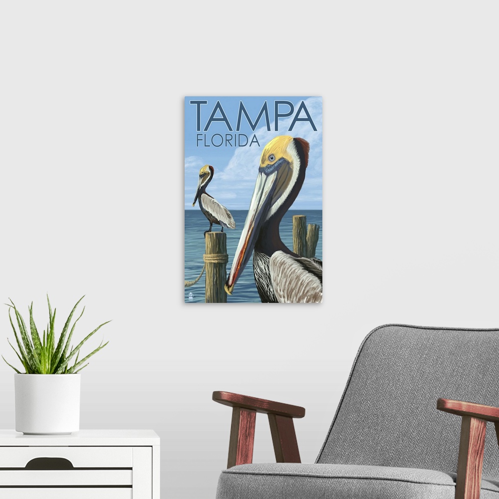 A modern room featuring Retro stylized art poster of pelicans perched on wooden posts.