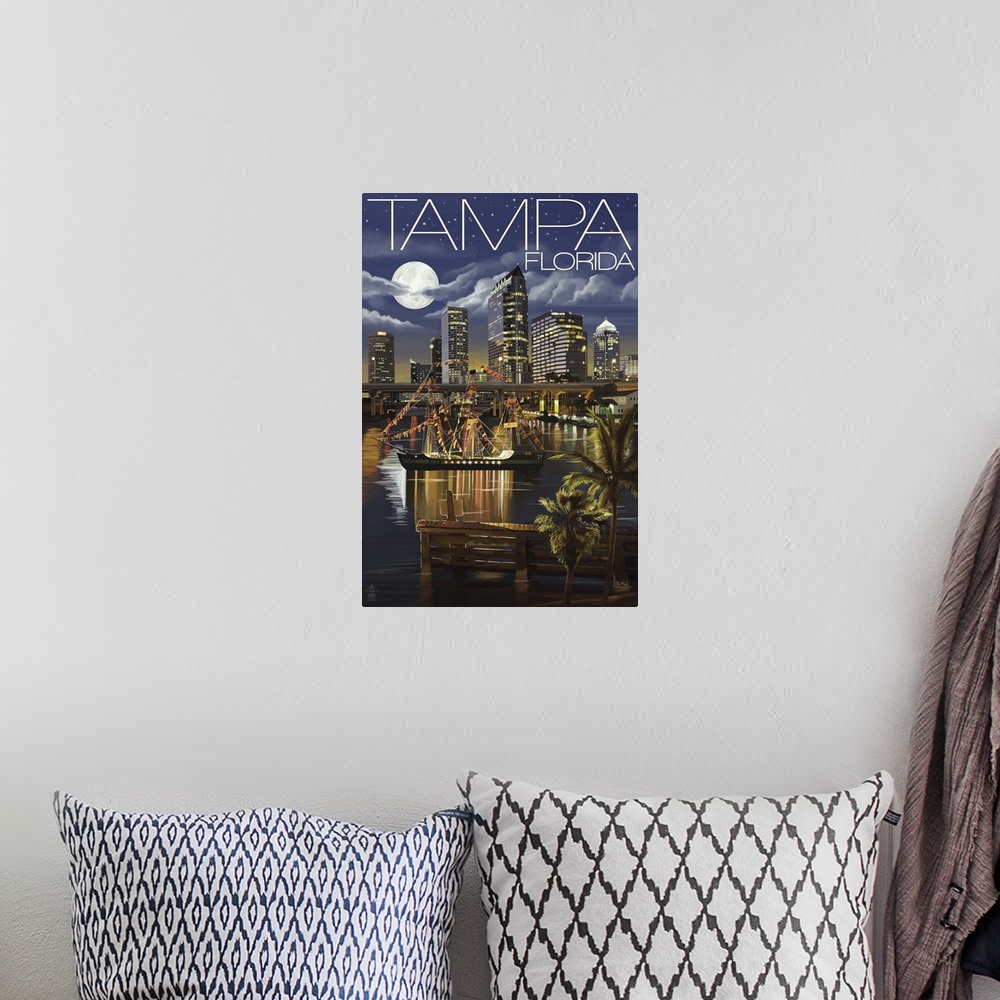 A bohemian room featuring Retro stylized art poster of a city skyline at night.