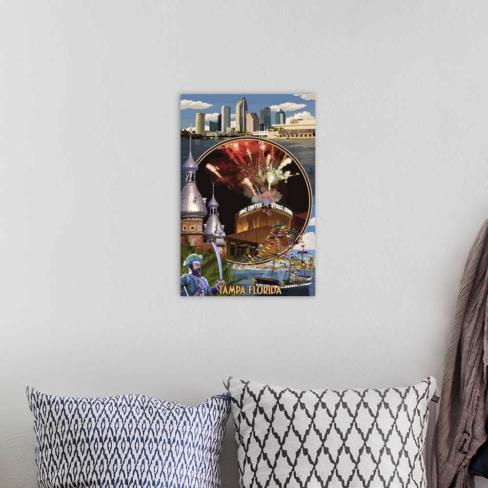 A bohemian room featuring Retro stylized art poster of a montage of scenes from the city of Tampa in Florida.