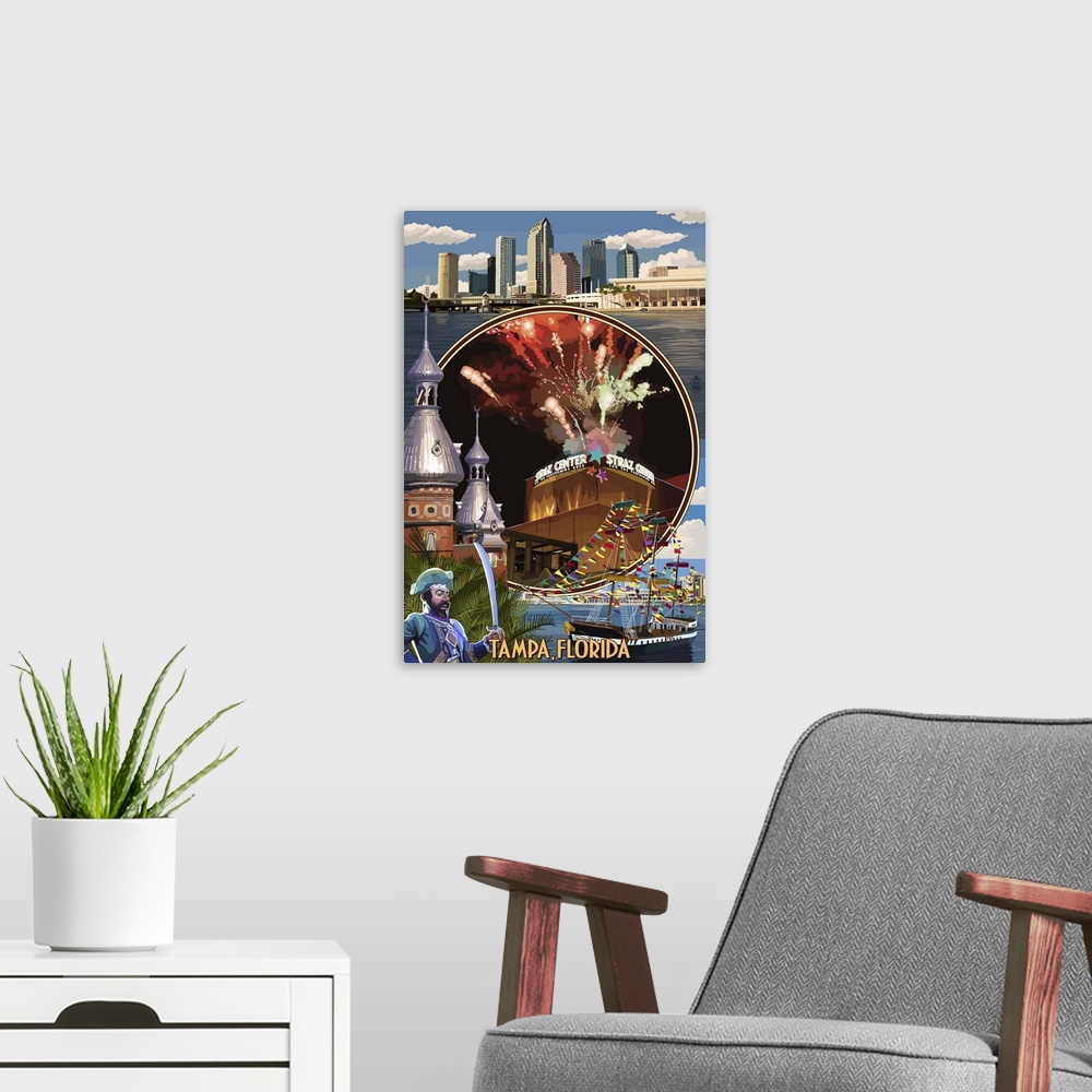 A modern room featuring Retro stylized art poster of a montage of scenes from the city of Tampa in Florida.