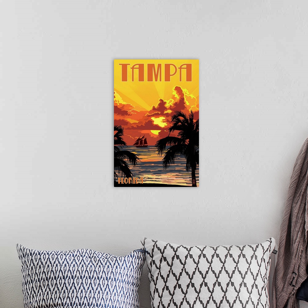 A bohemian room featuring Tampa, Florida - Sunset and Ship: Retro Travel Poster