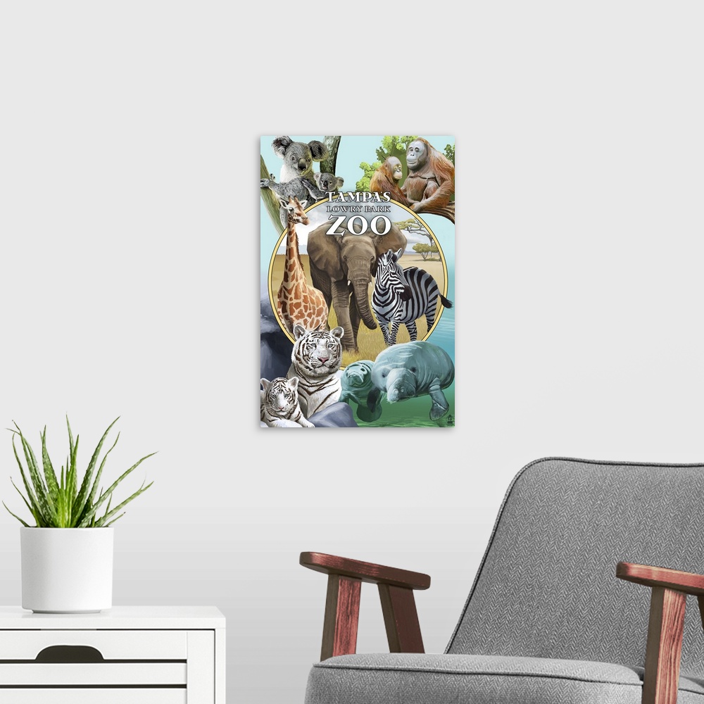 A modern room featuring Tampa's Lowry Park Zoo, Florida - Wildlife Montage: Retro Travel Poster