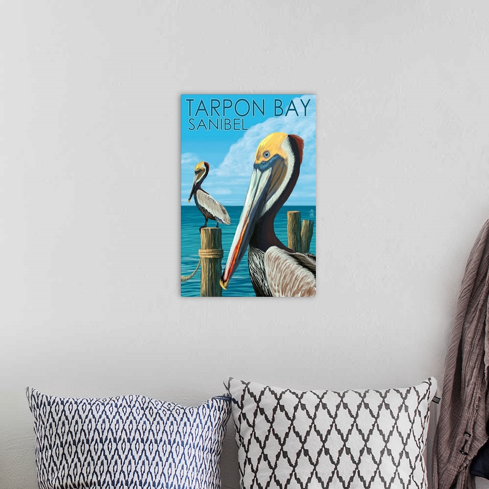 A bohemian room featuring Tarpon Bay, Florida, Brown Pelicans, Lantern Press Original Poster