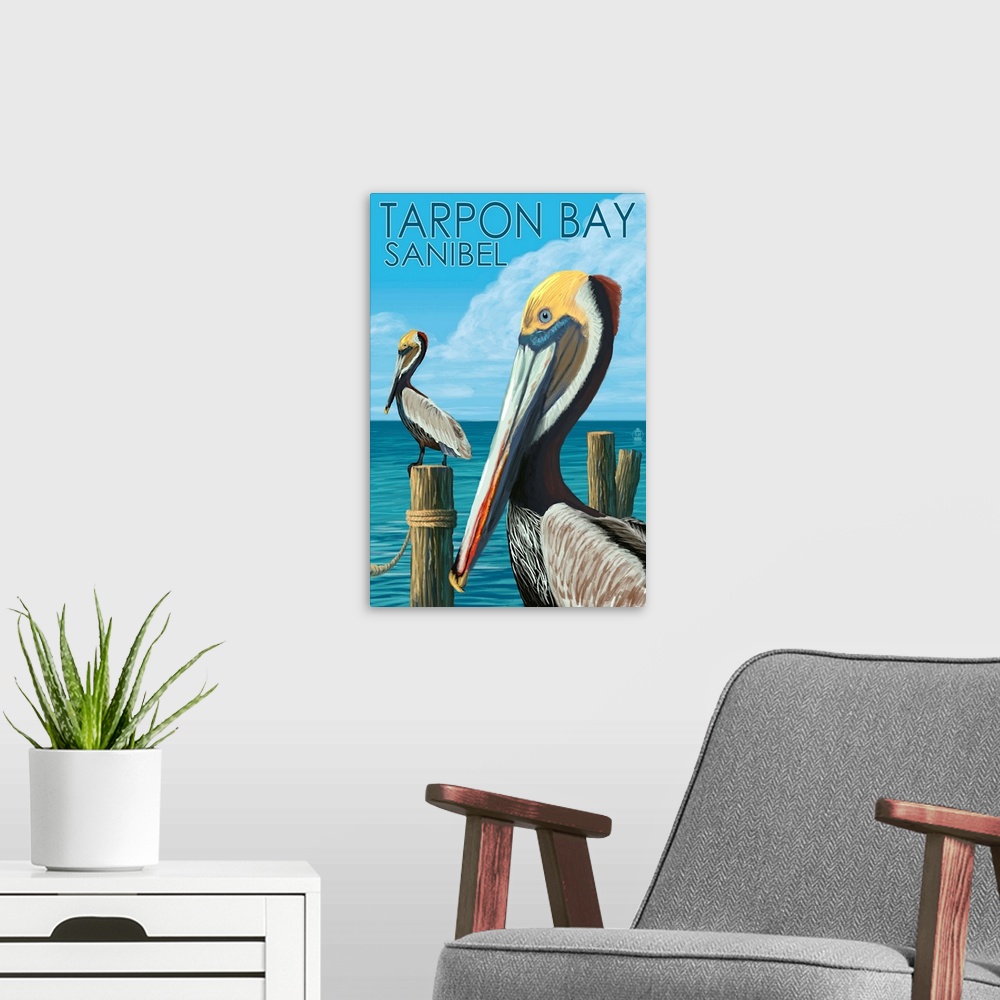 A modern room featuring Tarpon Bay, Florida, Brown Pelicans, Lantern Press Original Poster
