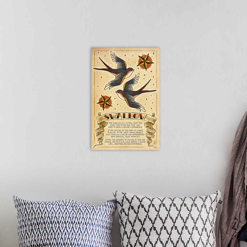 A bohemian room featuring Retro stylized art poster of vintage sailor tattoo art.