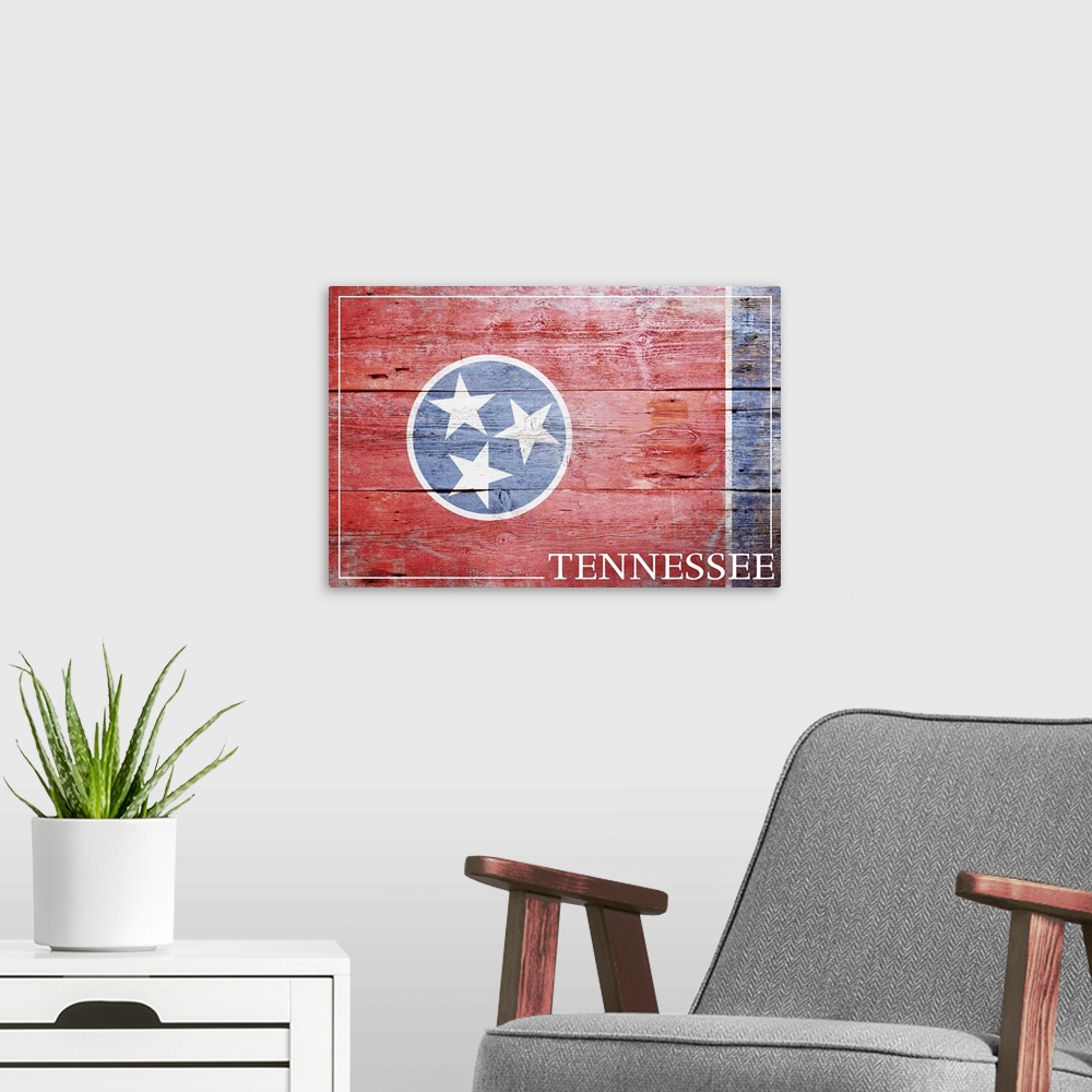 A modern room featuring The flag of Tennessee with a weathered wooden board effect.