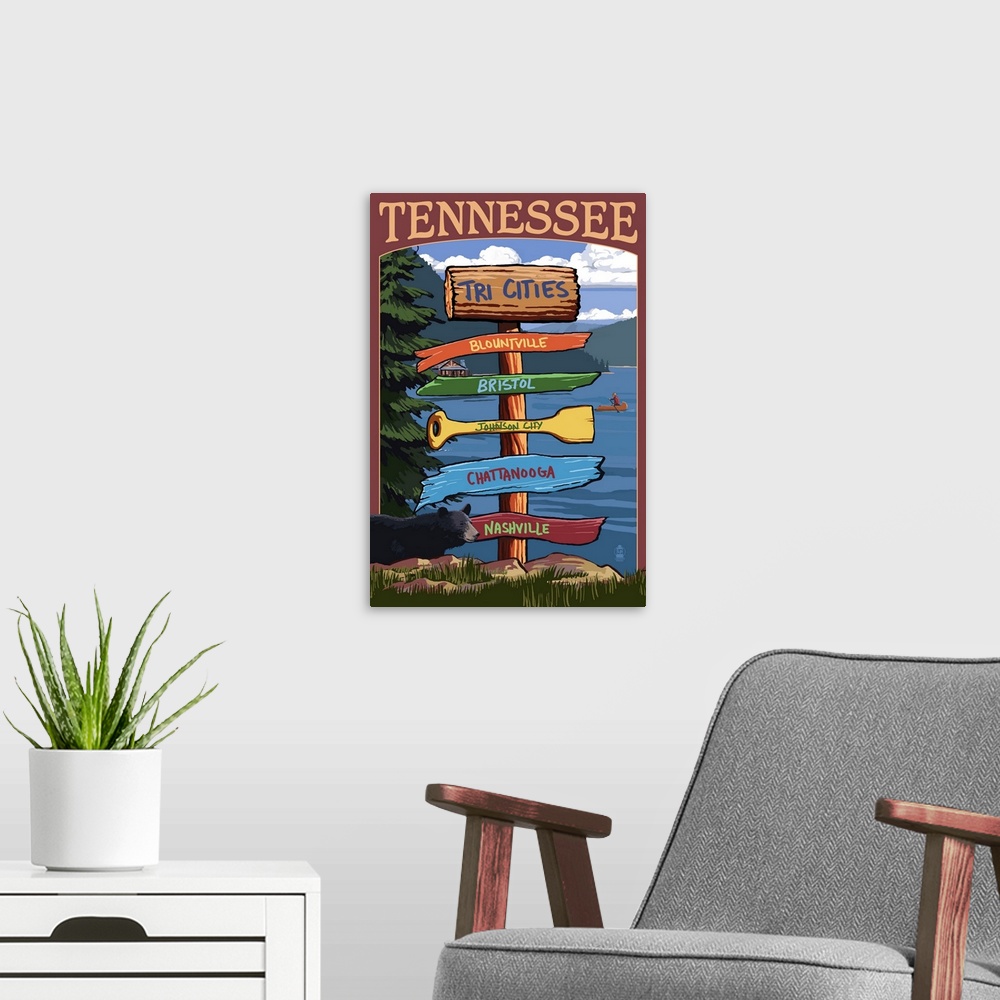 A modern room featuring Tennessee, Tri Cities Destination Signpost