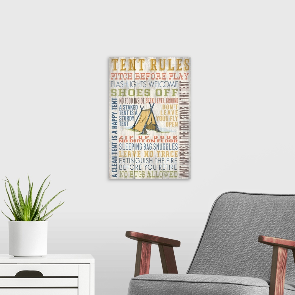 A modern room featuring Tent Rules Typography