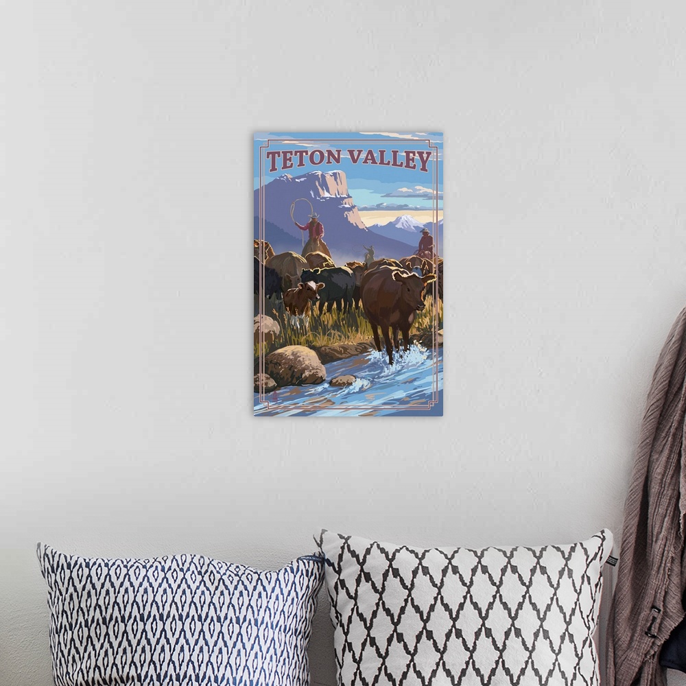 A bohemian room featuring Teton Valley, Idaho - Cowboy Cattle Drive Scene: Retro Travel Poster