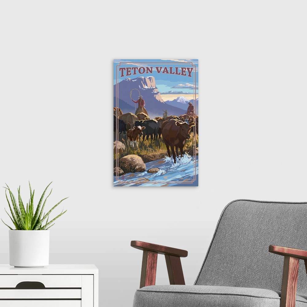 A modern room featuring Teton Valley, Idaho - Cowboy Cattle Drive Scene: Retro Travel Poster