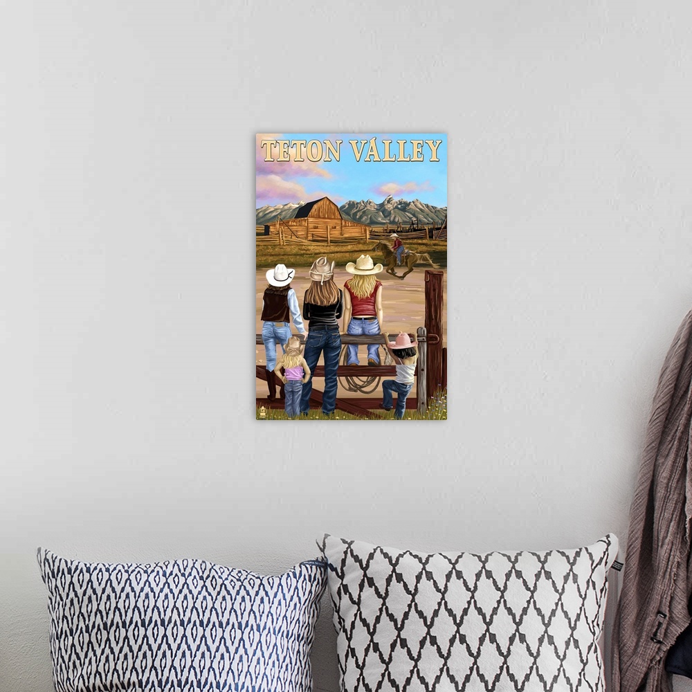 A bohemian room featuring Teton Valley, Idaho - Cowgirls Scene: Retro Travel Poster